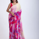 Elegant Yellow & Pink Abstract Print Saree Full