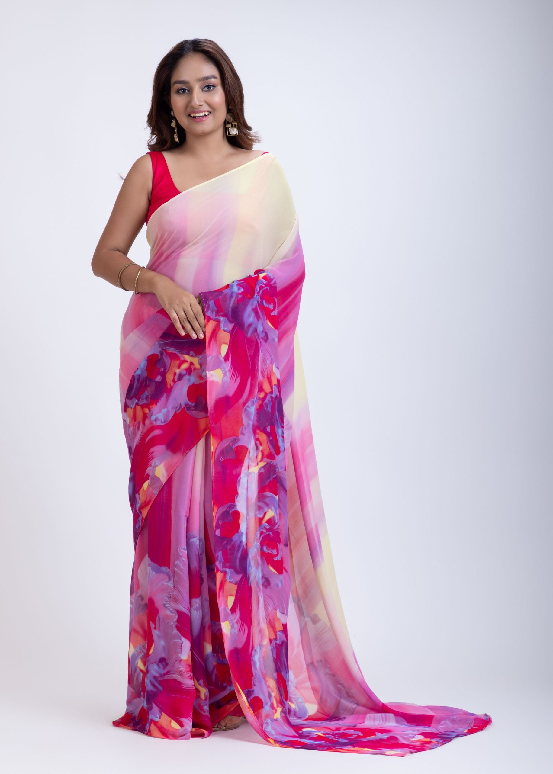 Elegant Yellow & Pink Abstract Print Saree Full