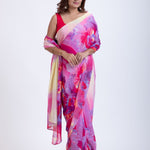 Elegant Yellow & Pink Abstract Print Saree Front