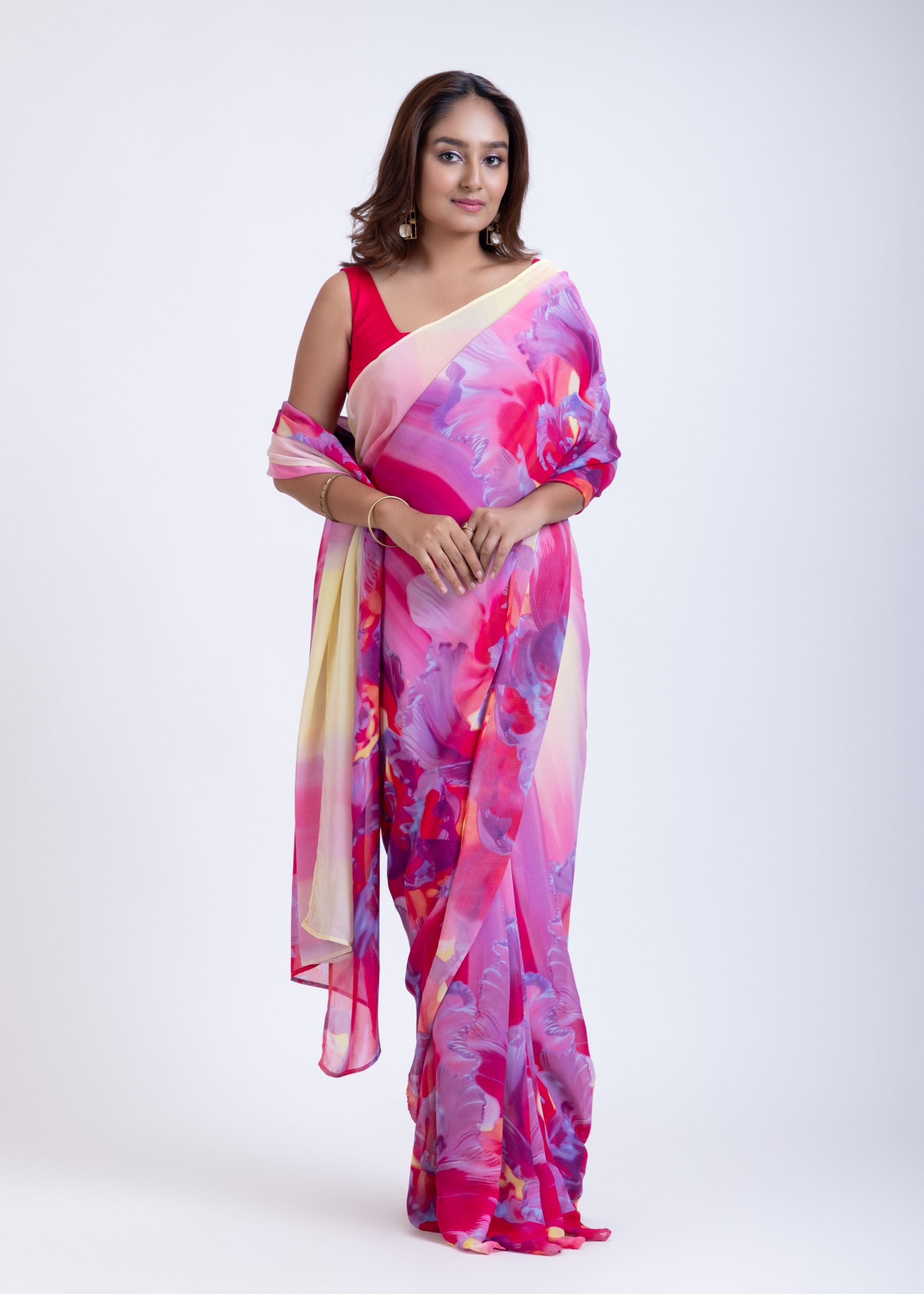 Elegant Yellow & Pink Abstract Print Saree Front