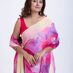 Elegant Yellow & Pink Abstract Print Saree  Close Up