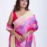 Elegant Yellow & Pink Abstract Print Saree  Close Up