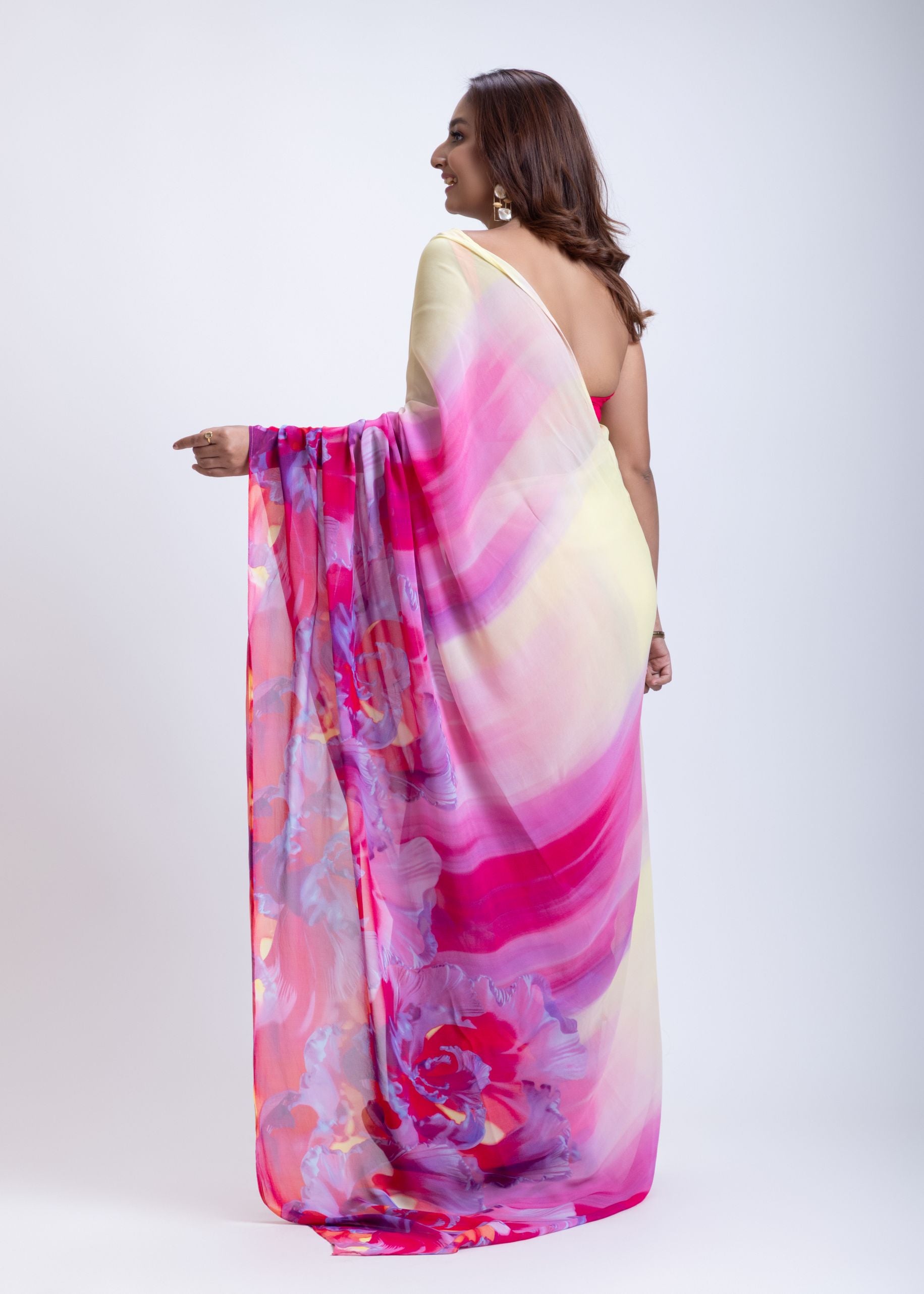 Elegant Yellow & Pink Abstract Print Saree Back