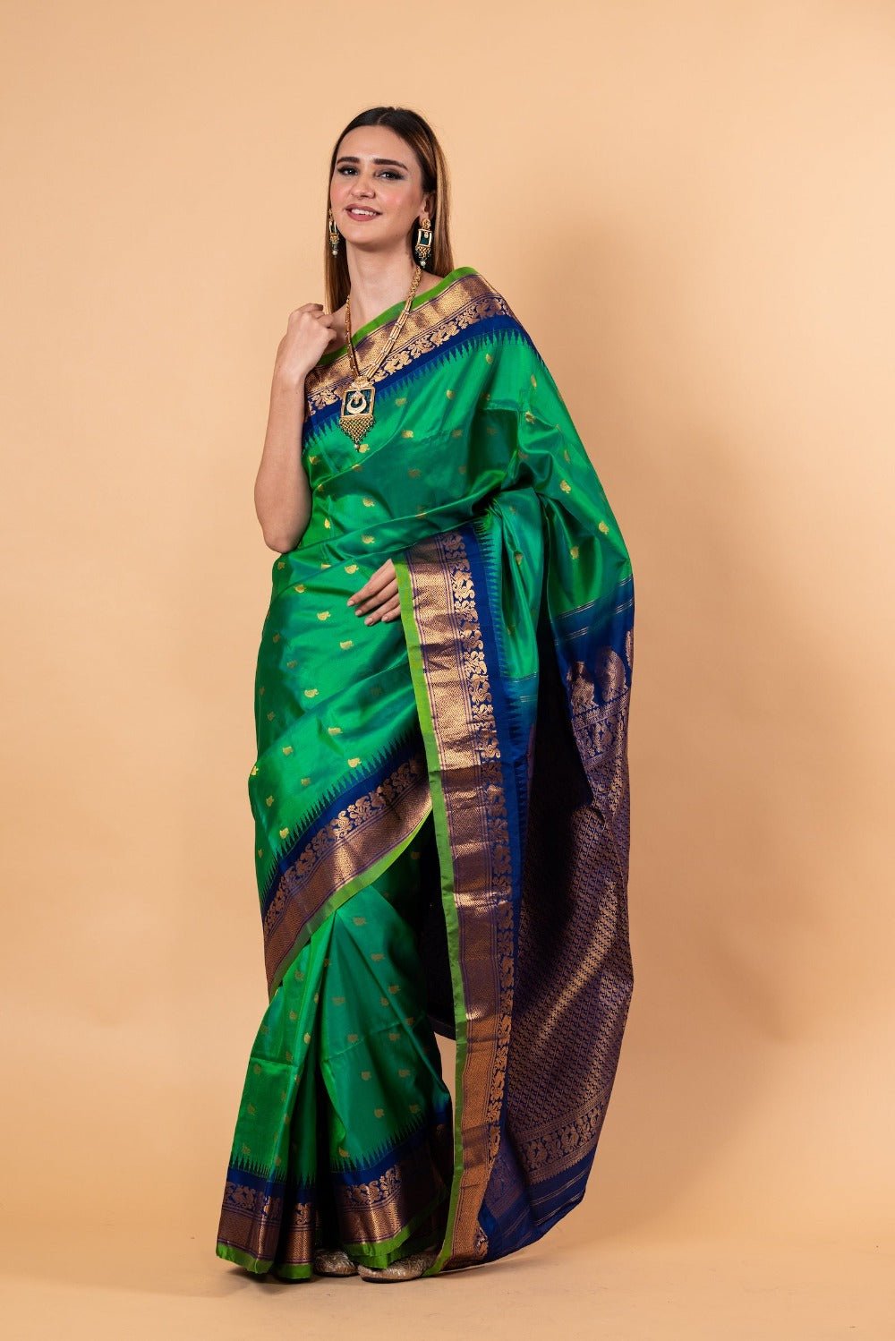  Green Gadwal Silk Saree with Gold Zari Border 