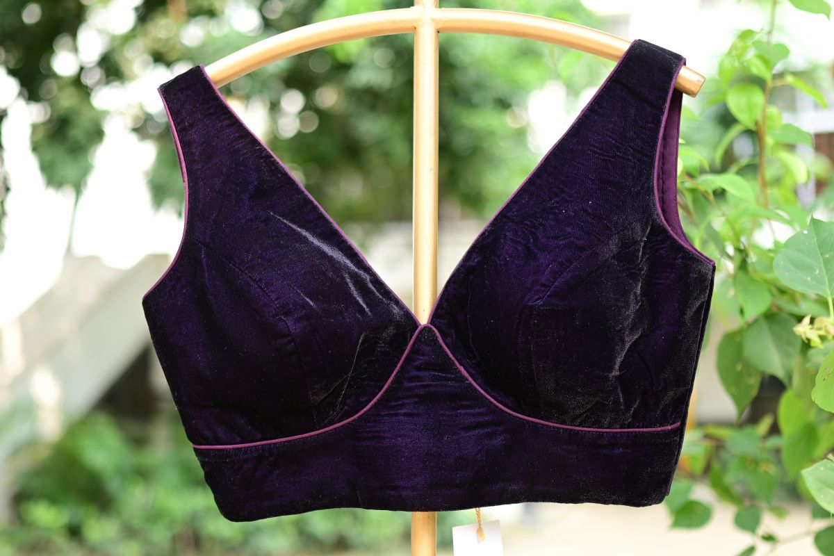 Dark Purple Sleeveless Georgette Blouse with V Neckline - Anvi Couture