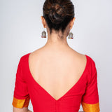 Red Cotton V Neckline Blouse With Yellow Border Elbow Sleeves - Anvi Couture