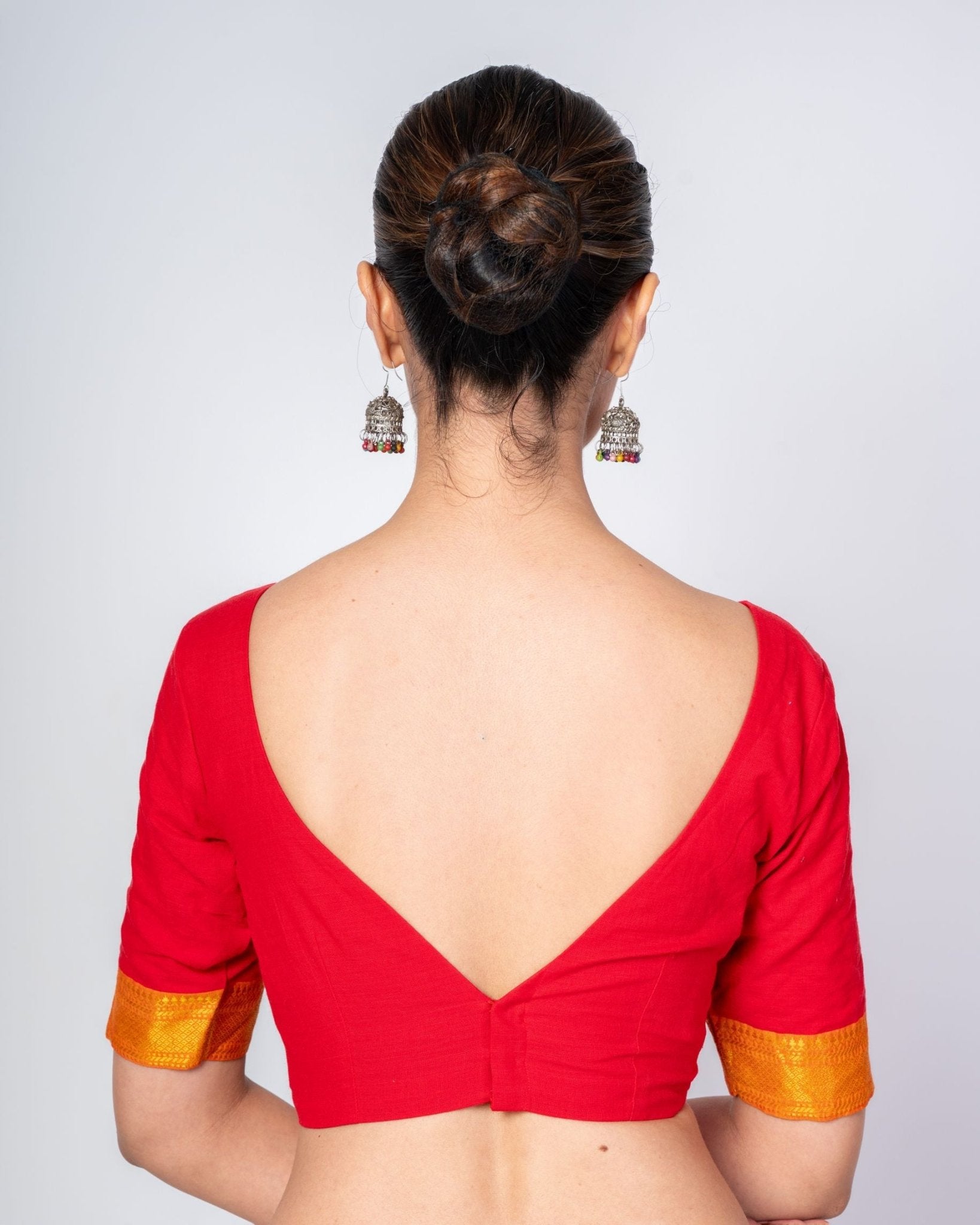 Red Cotton V Neckline Blouse With Yellow Border Elbow Sleeves - Anvi Couture