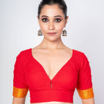 Red Cotton V Neckline Blouse With Yellow Border Elbow Sleeves - Anvi Couture