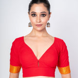 Red Cotton V Neckline Blouse With Yellow Border Elbow Sleeves - Anvi Couture