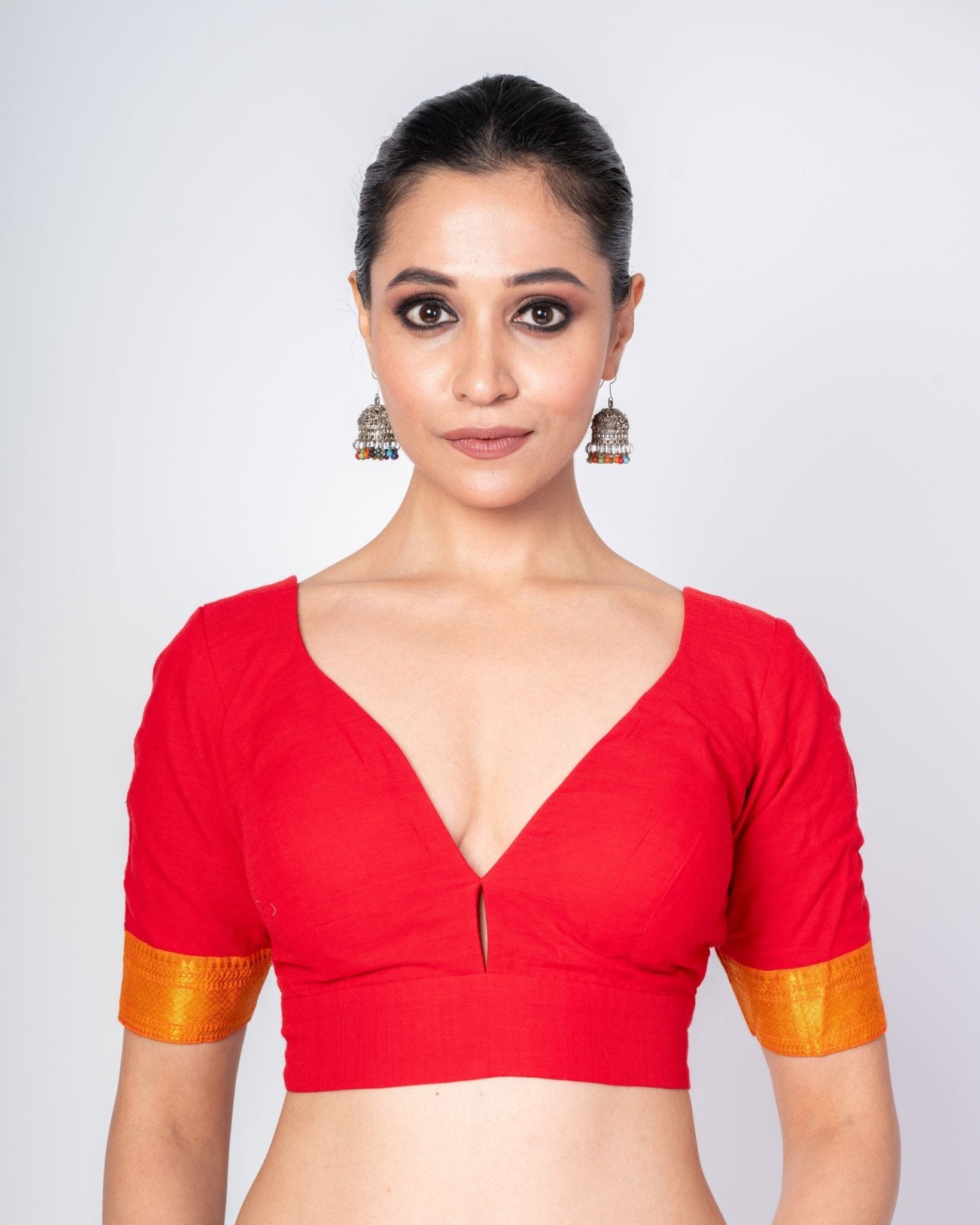 Red Cotton V Neckline Blouse With Yellow Border Elbow Sleeves - Anvi Couture