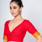 Red Cotton V Neckline Blouse With Yellow Border Elbow Sleeves - Anvi Couture