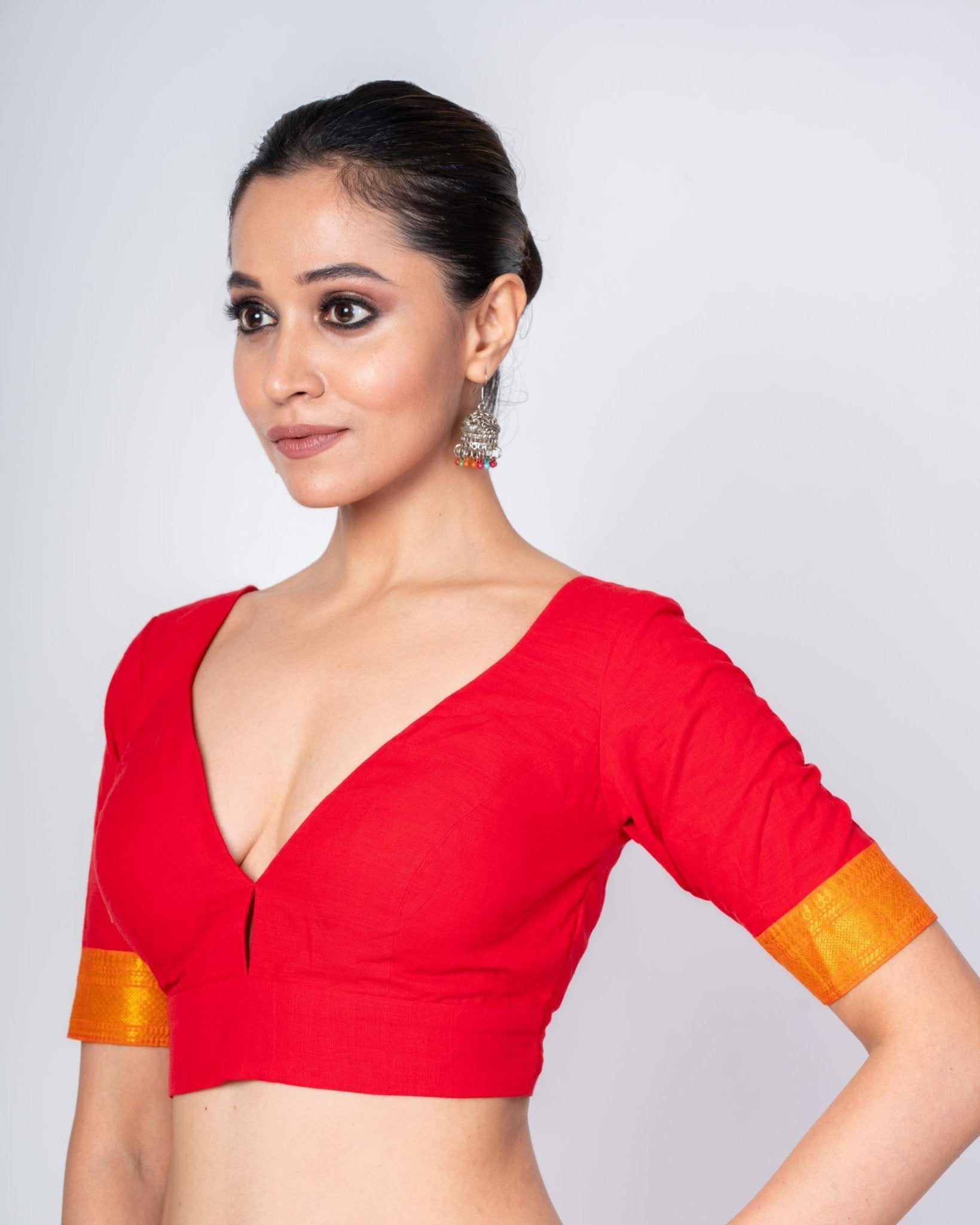 Red Cotton V Neckline Blouse With Yellow Border Elbow Sleeves - Anvi Couture