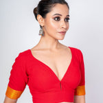 Red Cotton V Neckline Blouse With Yellow Border Elbow Sleeves - Anvi Couture
