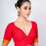 Red Cotton V Neckline Blouse With Yellow Border Elbow Sleeves - Anvi Couture