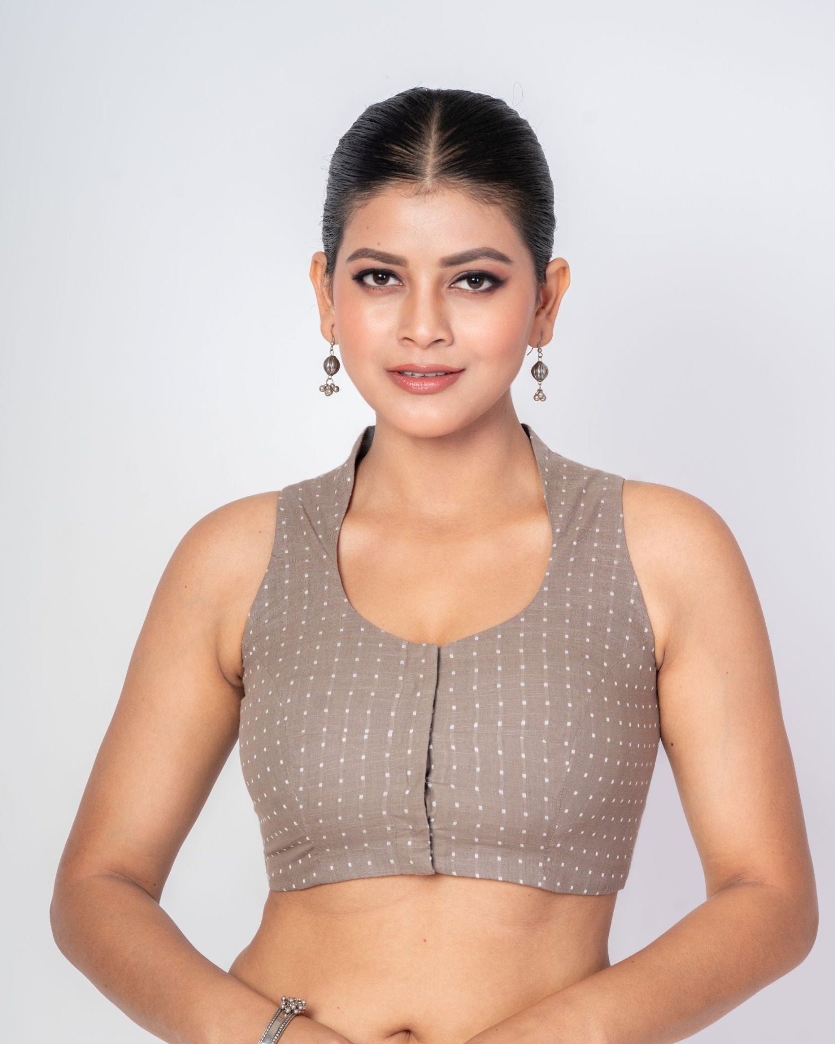 Grey Cotton Halter Neck Blouse with White Polka Dots - Anvi Couture