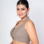 Grey Cotton Halter Neck Blouse with White Polka Dots - Anvi Couture