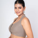 Grey Cotton Halter Neck Blouse with White Polka Dots - Anvi Couture