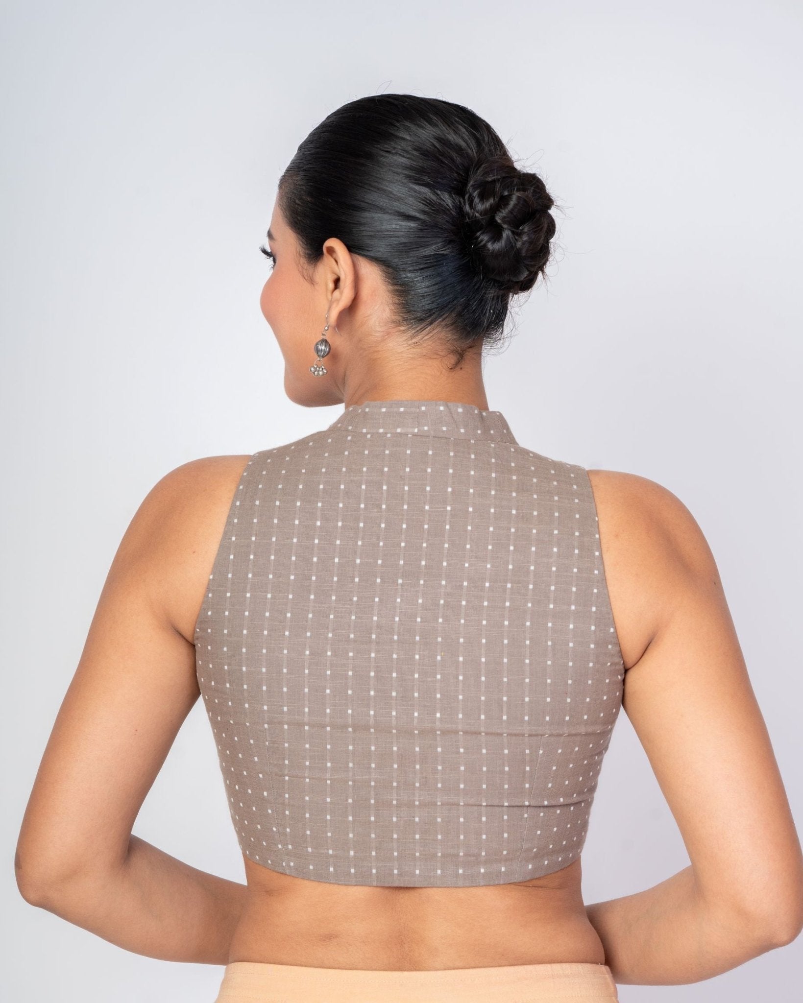 Grey Cotton Halter Neck Blouse with White Polka Dots - Anvi Couture