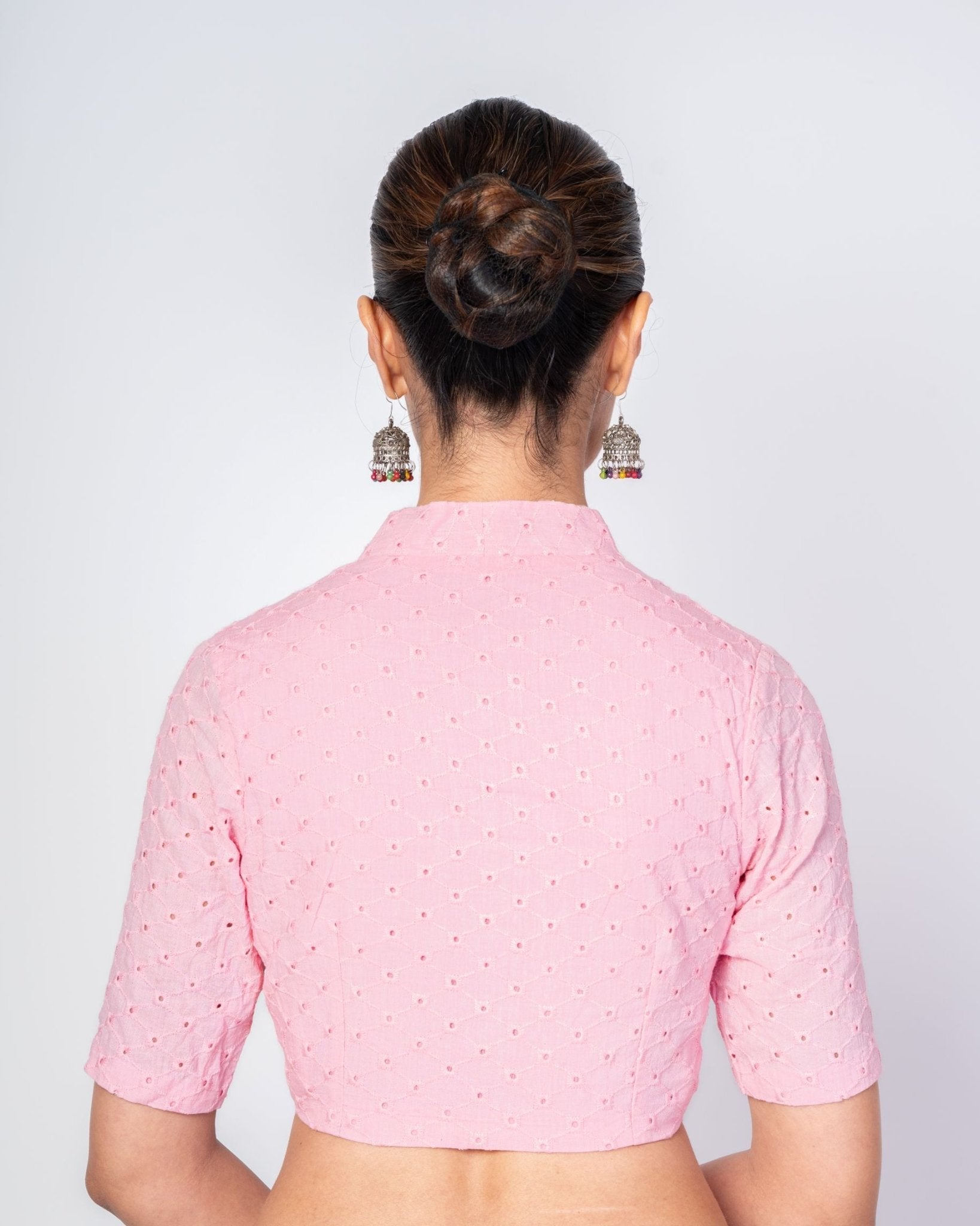 Pink Hakoba Blouse With Elbow Sleeves and Collar Neckline - Anvi Couture