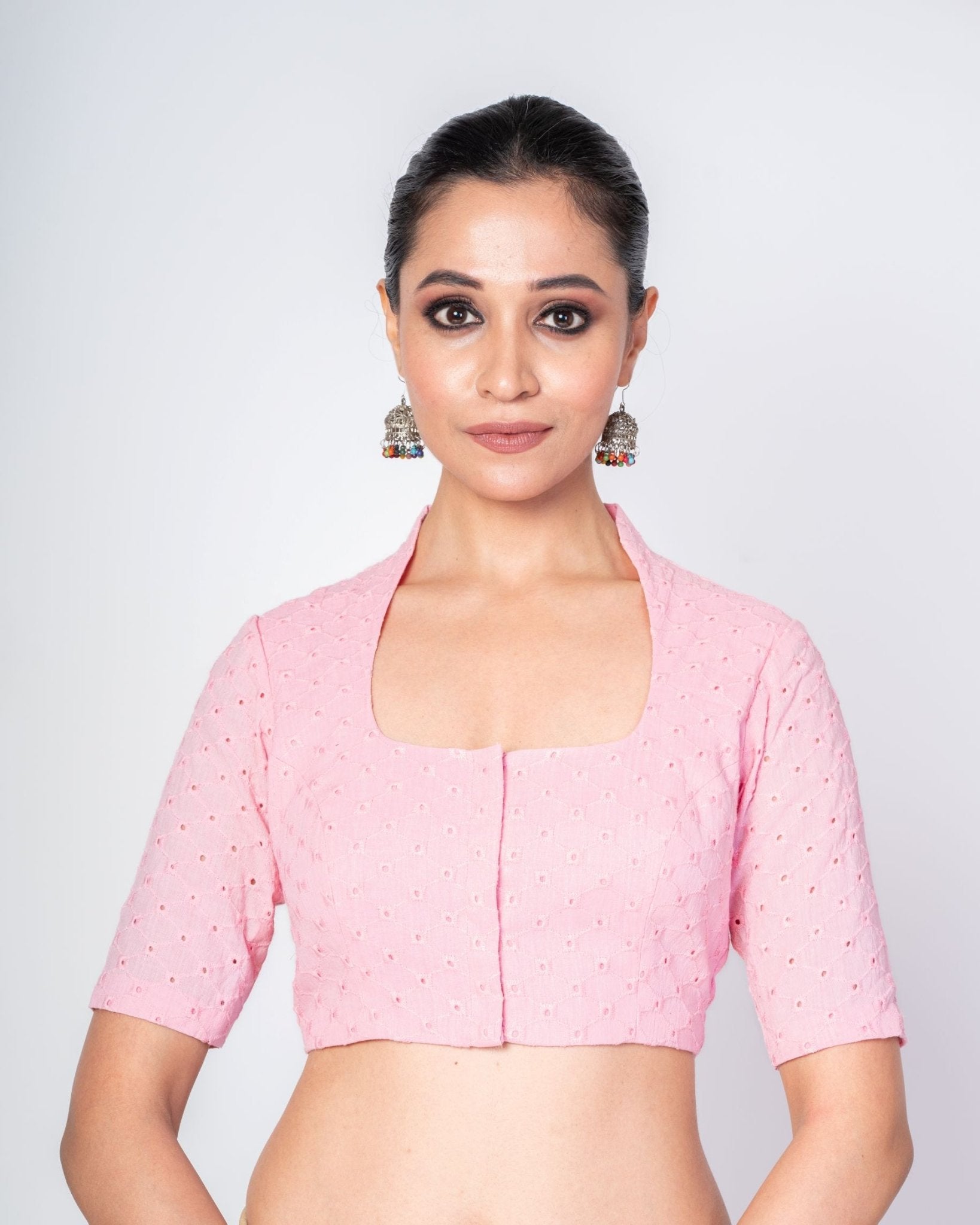 Pink Hakoba Blouse With Elbow Sleeves and Collar Neckline - Anvi Couture