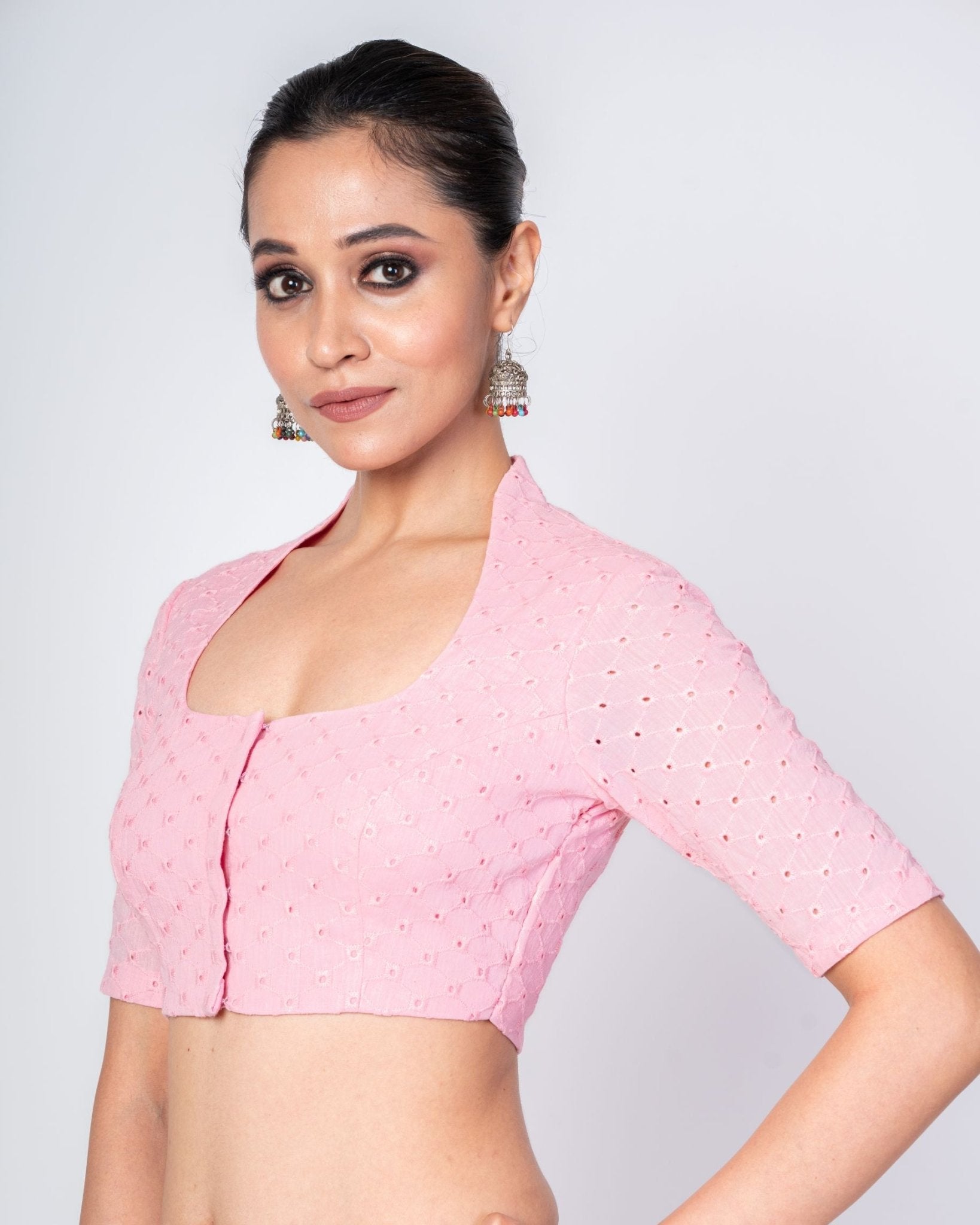 Pink Hakoba Blouse With Elbow Sleeves and Collar Neckline - Anvi Couture