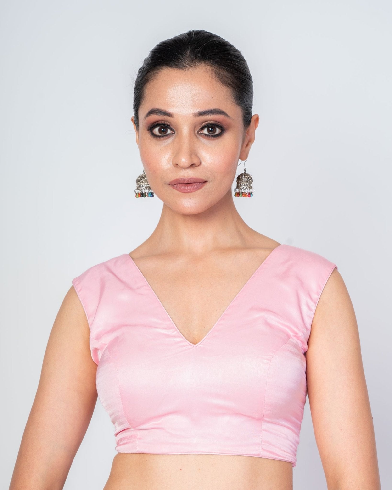 Light Pink V Neckline Sleeveless Blouse with Back Hook Closure - image 1