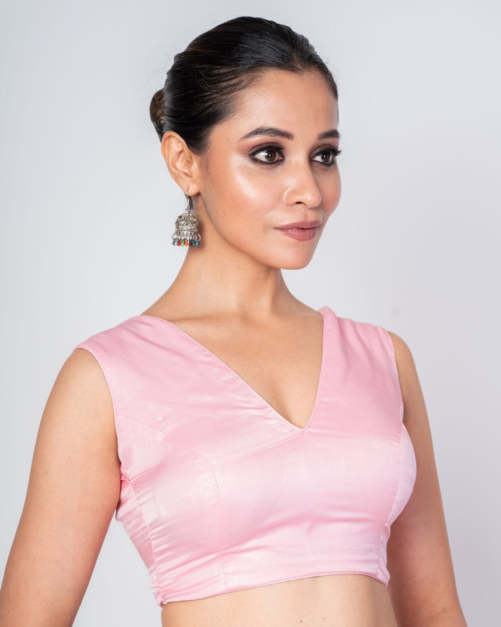 Light Pink V Neckline Sleeveless Blouse with Back Hook Closure - Anvi Couture
