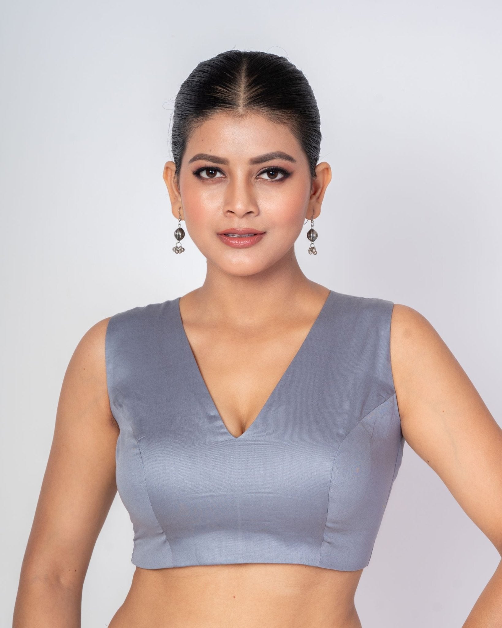 Grey V Neckline Sleeveless Blouse with Back Hook Closure - Anvi Couture