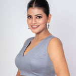 Grey V Neckline Sleeveless Blouse with Back Hook Closure - image 2