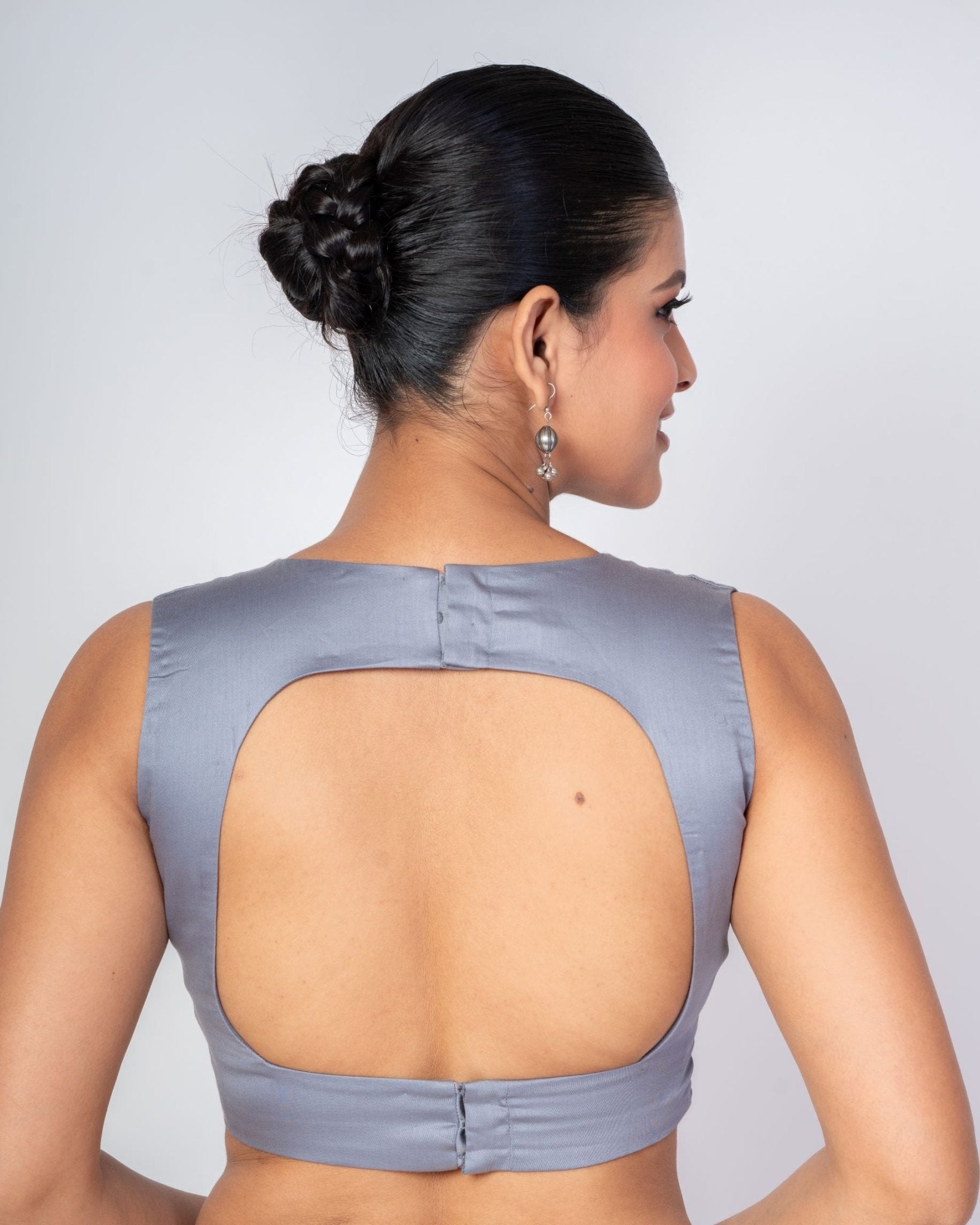 Grey V Neckline Sleeveless Blouse with Back Hook Closure - Anvi Couture