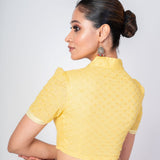 Yellow Cotton Hakoba Saree Blouse with Collar Neckline and Short Sleeves - image 4