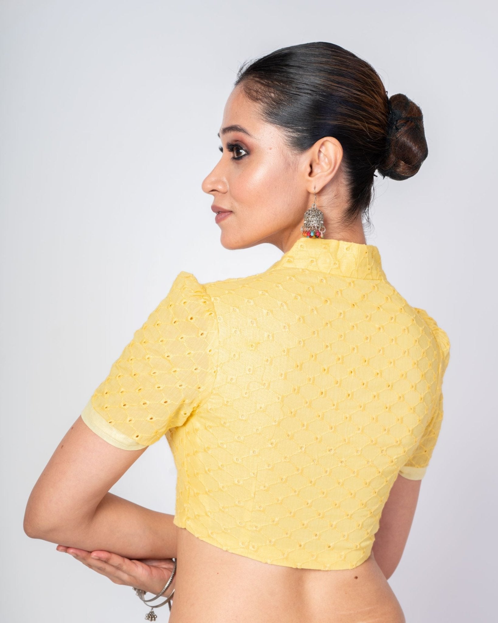 Yellow Cotton Hakoba Saree Blouse with Collar Neckline and Short Sleeves - Anvi Couture
