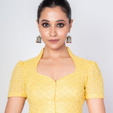 Yellow Cotton Hakoba Saree Blouse with Collar Neckline and Short Sleeves - image 1