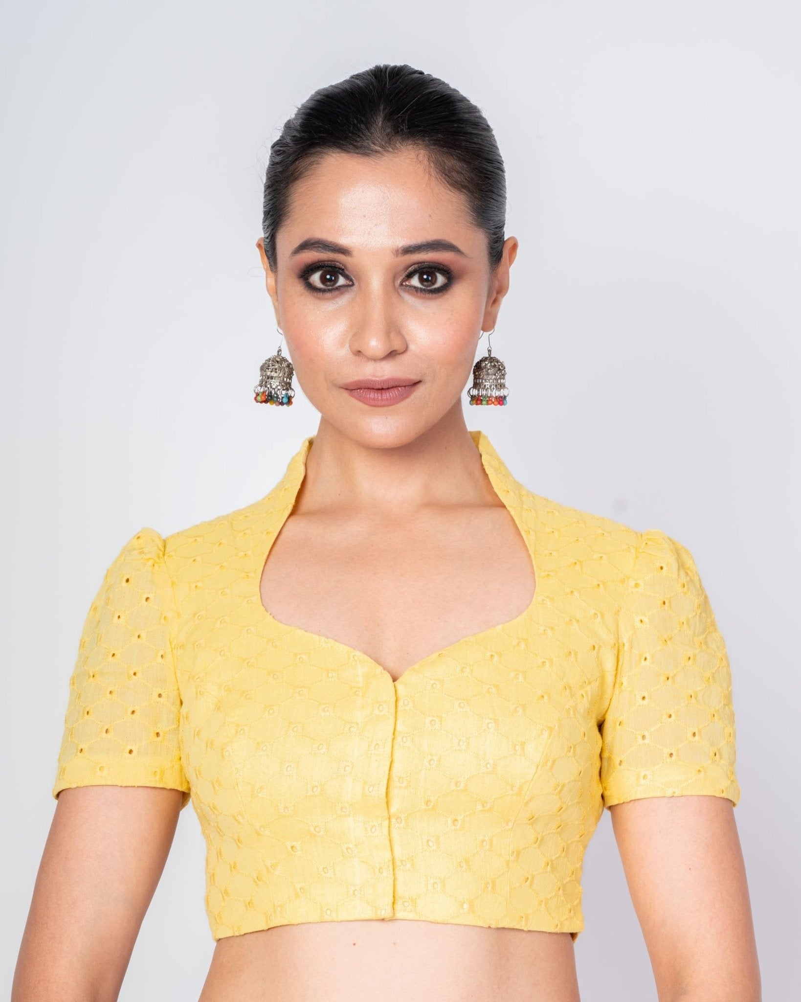 Yellow Cotton Hakoba Saree Blouse with Collar Neckline and Short Sleeves - image 1