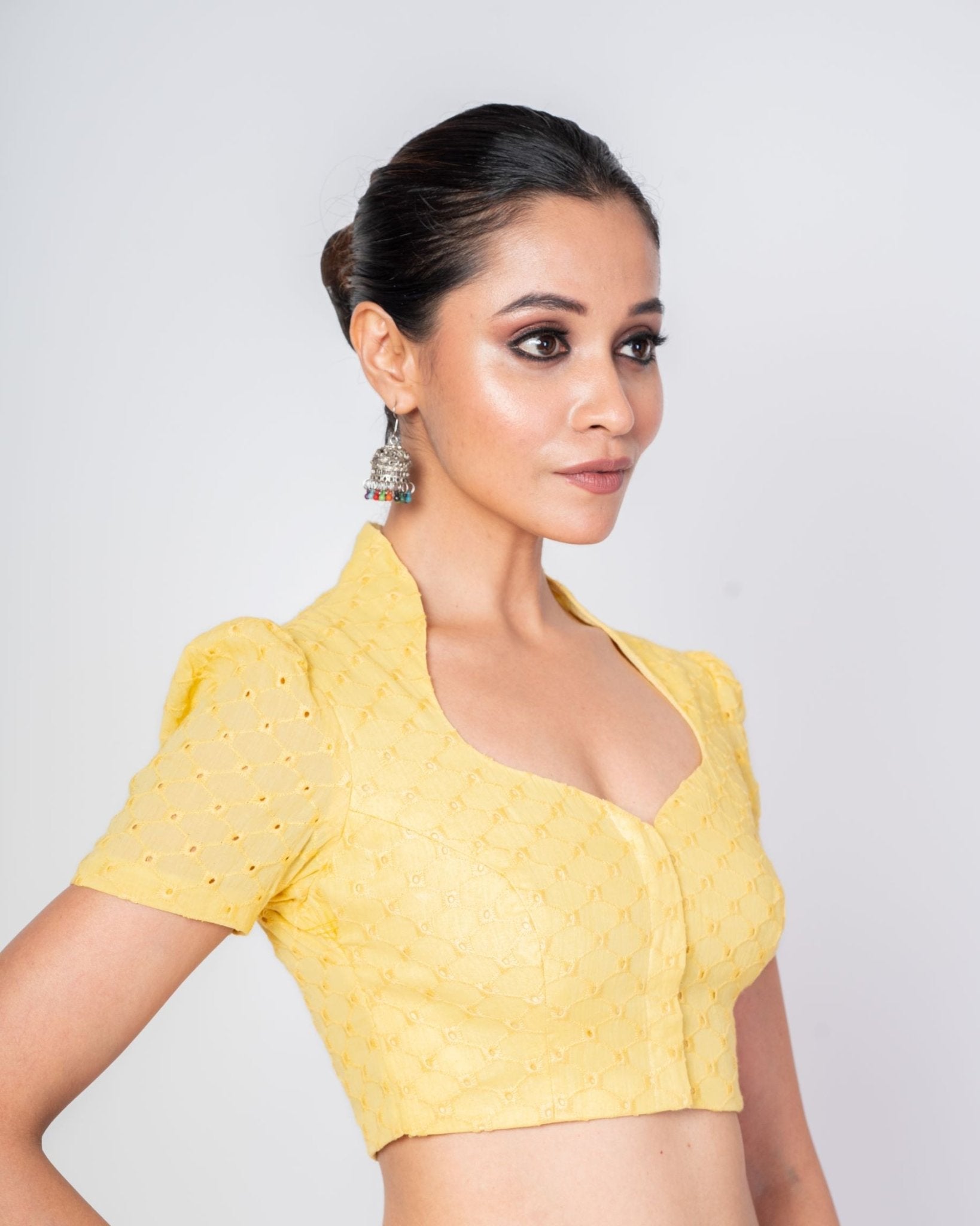 Yellow Cotton Hakoba Saree Blouse with Collar Neckline and Short Sleeves - Anvi Couture