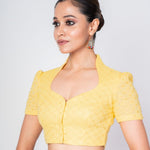 Yellow Cotton Hakoba Saree Blouse with Collar Neckline and Short Sleeves - image 3