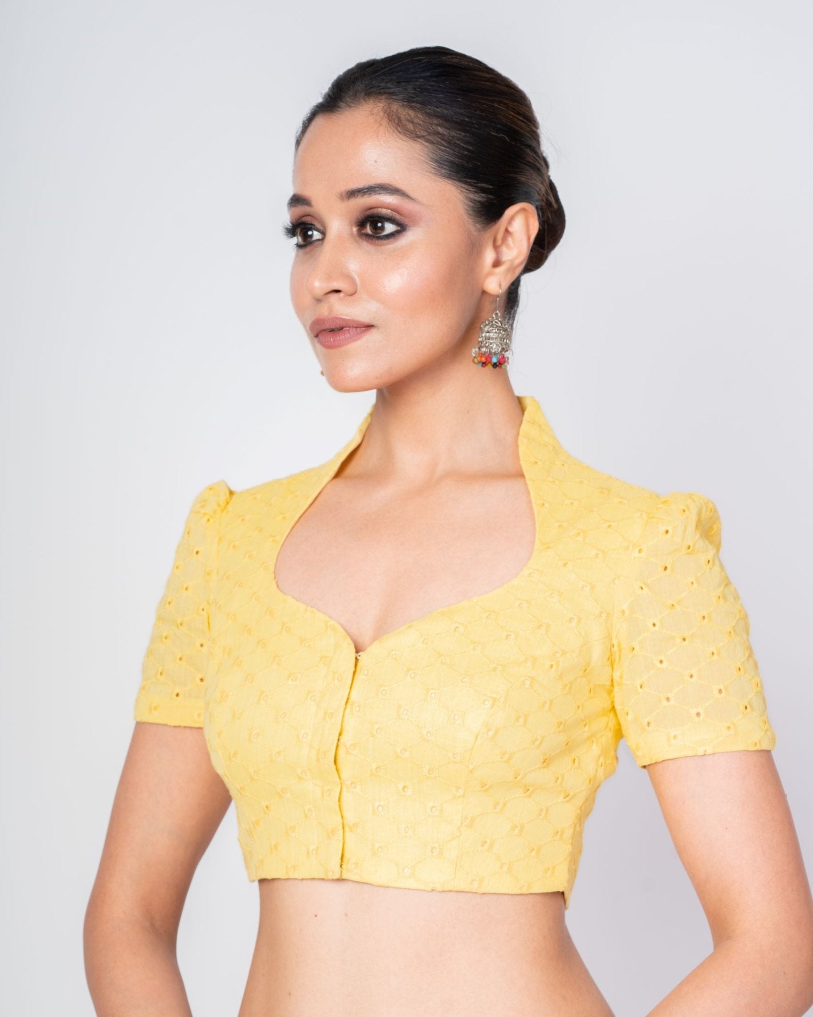Yellow Cotton Hakoba Saree Blouse with Collar Neckline and Short Sleeves - Anvi Couture