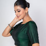 Dark Green Blouse in Pure Silk With Boat Neckline and Elbow Sleeves - Anvi Couture