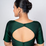 Dark Green Blouse in Pure Silk With Boat Neckline and Elbow Sleeves - Anvi Couture