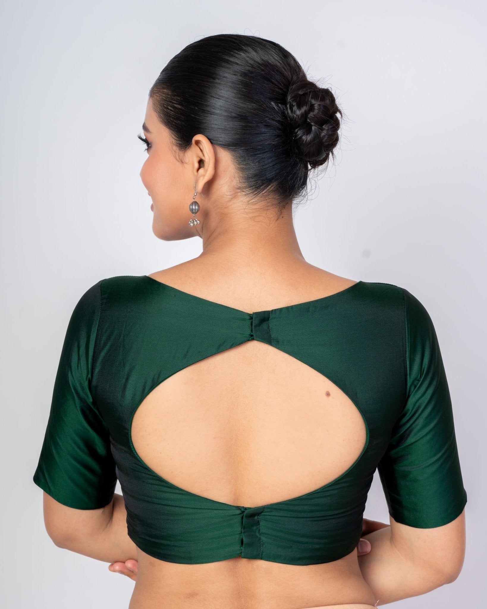 Dark Green Blouse in Pure Silk With Boat Neckline and Elbow Sleeves - Anvi Couture