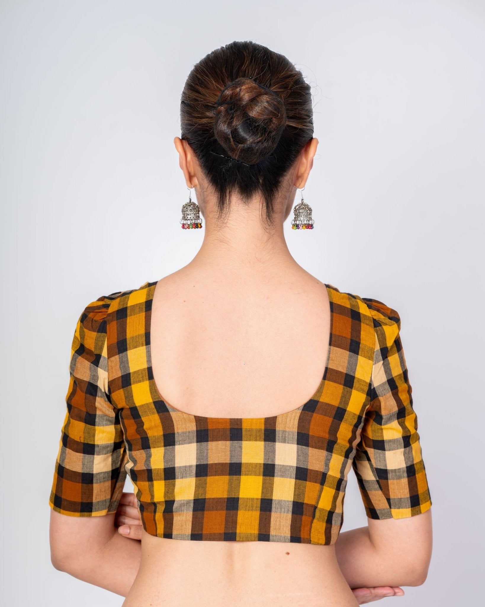 Black and Yellow Multicolored Cotton Checked Blouse With Elbow Sleeves - Anvi Couture
