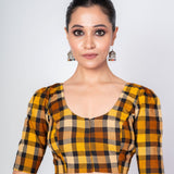 Black and Yellow Multicolored Cotton Checked Blouse With Elbow Sleeves - Anvi Couture