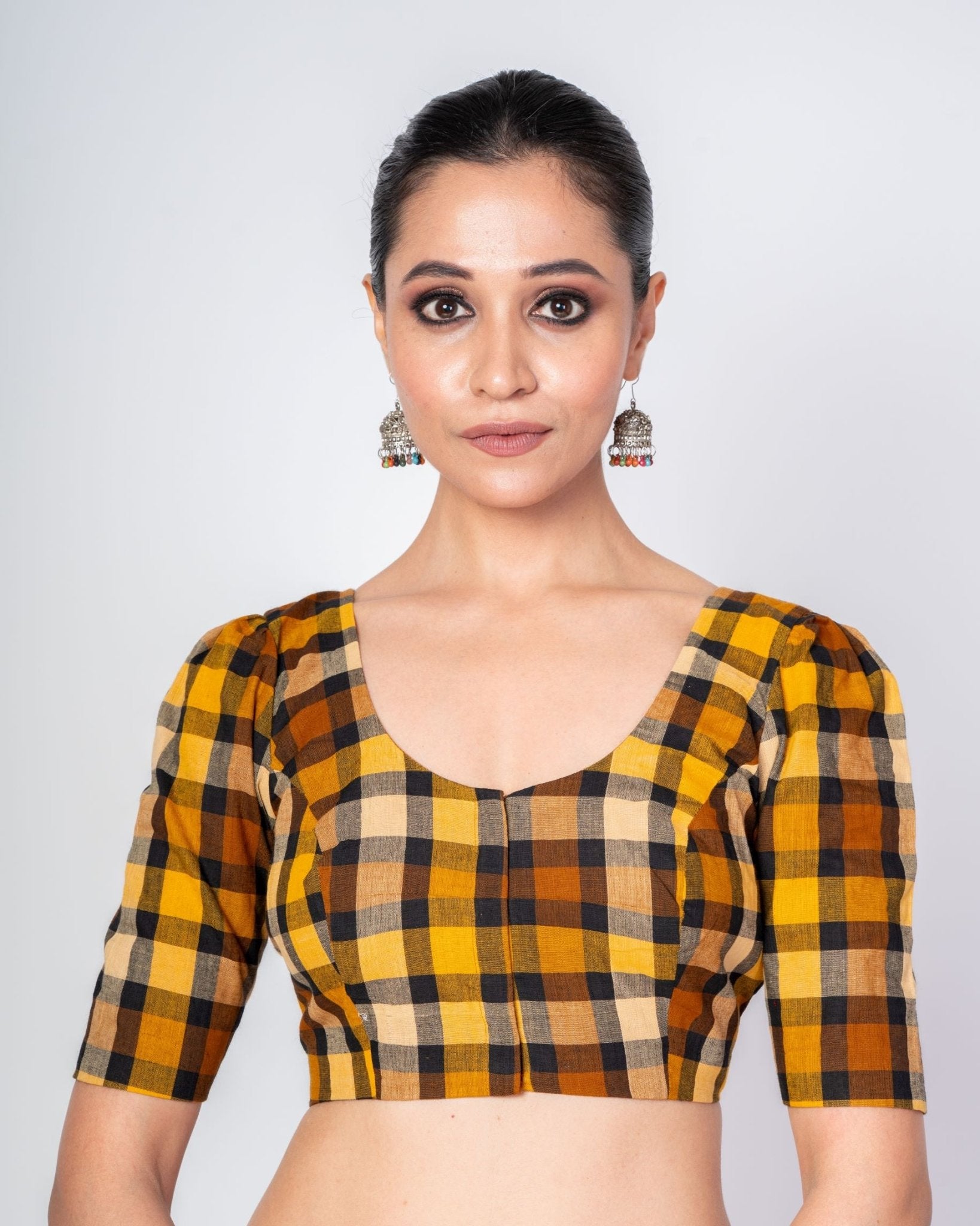 Black and Yellow Multicolored Cotton Checked Blouse With Elbow Sleeves - Anvi Couture