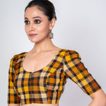 Black and Yellow Multicolored Cotton Checked Blouse With Elbow Sleeves - Anvi Couture