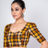 Black and Yellow Multicolored Cotton Checked Blouse With Elbow Sleeves - Anvi Couture