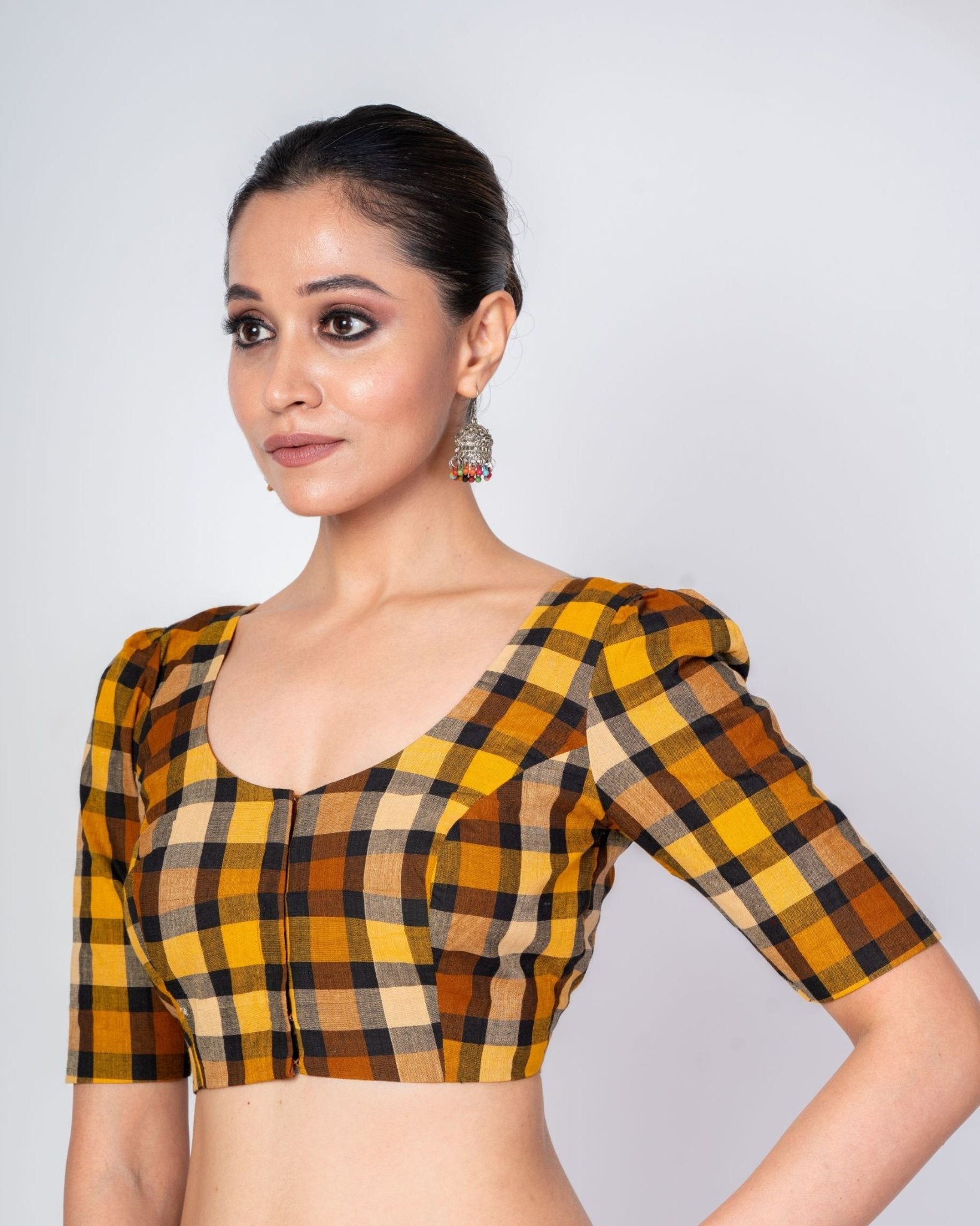 Black and Yellow Multicolored Cotton Checked Blouse With Elbow Sleeves - Anvi Couture