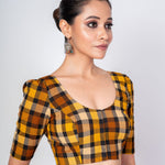 Black and Yellow Multicolored Cotton Checked Blouse With Elbow Sleeves - Anvi Couture
