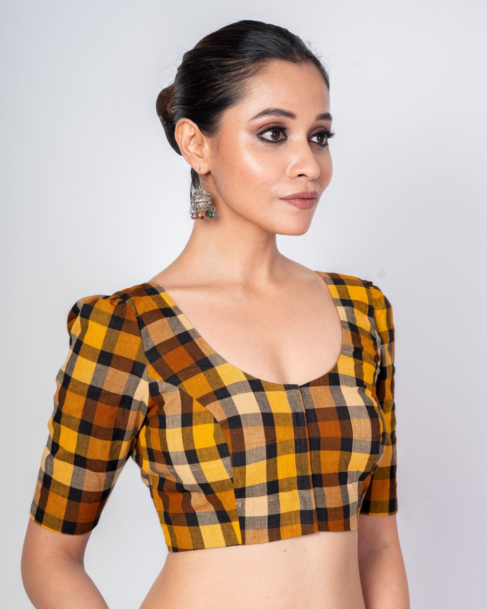 Black and Yellow Multicolored Cotton Checked Blouse With Elbow Sleeves - Anvi Couture