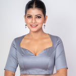 Grey Queen Cotton Silk Blouse With Back Cut Design and Elbow Sleeves - Anvi Couture