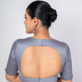 Grey Queen Cotton Silk Blouse With Back Cut Design and Elbow Sleeves - Anvi Couture